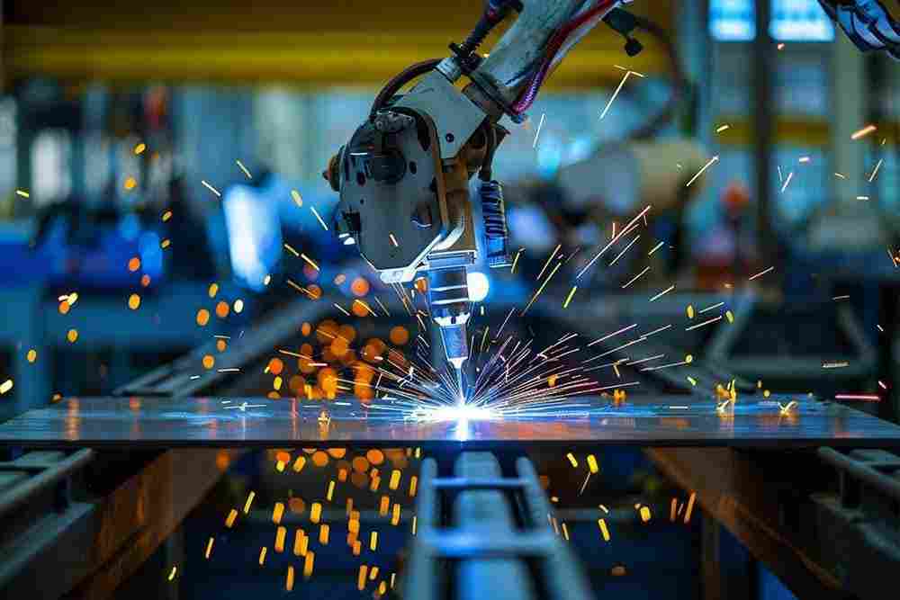 Steel fabrication worker with sparks flying during welding process